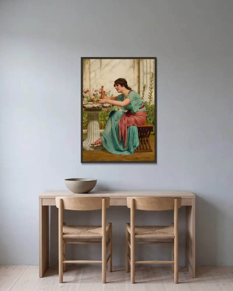 Ein Dilettant von John William Godward gerahmt an einer Wand