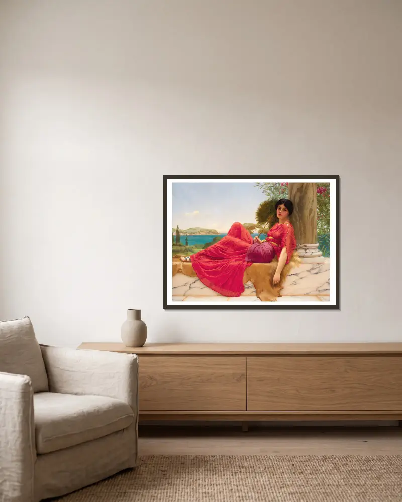 An eine Säule gelehnt von John William Godward gerahmt an einer Wand