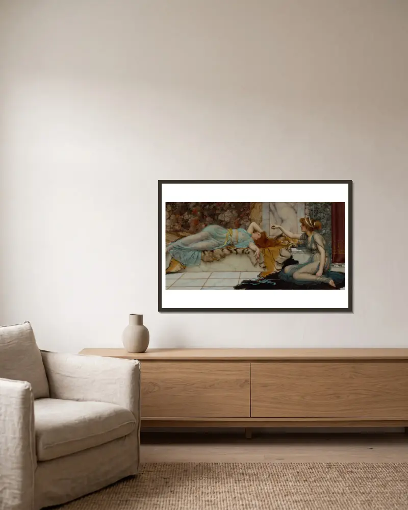 Übermut und Ruhe von John William Godward gerahmt an einer Wand