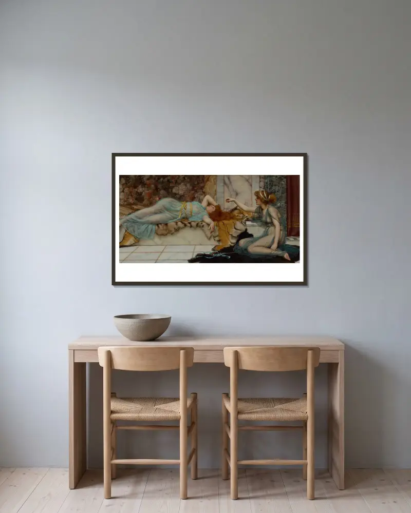 Übermut und Ruhe von John William Godward gerahmt an einer Wand
