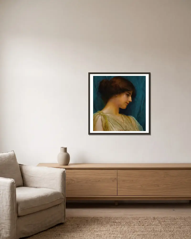 Studie eines Mädchenkopfes von John William Godward gerahmt an einer Wand