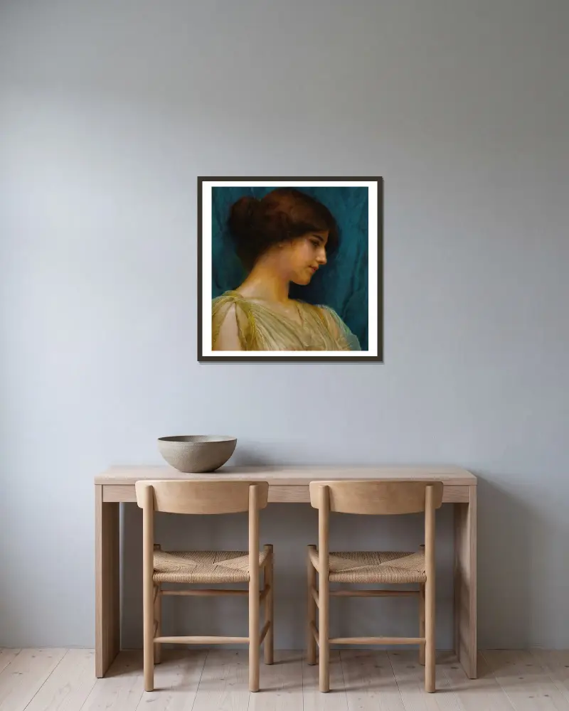 Studie eines Mädchenkopfes von John William Godward gerahmt an einer Wand