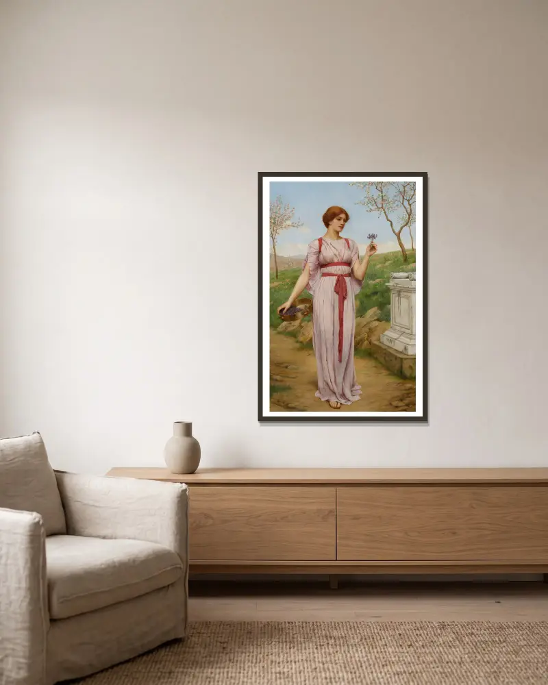 Der Blumenstrauß von John William Godward gerahmt an einer Wand