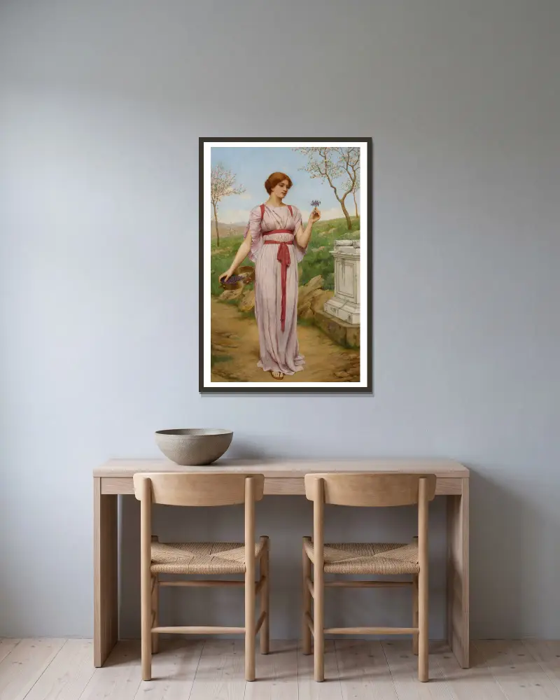 Der Blumenstrauß von John William Godward gerahmt an einer Wand
