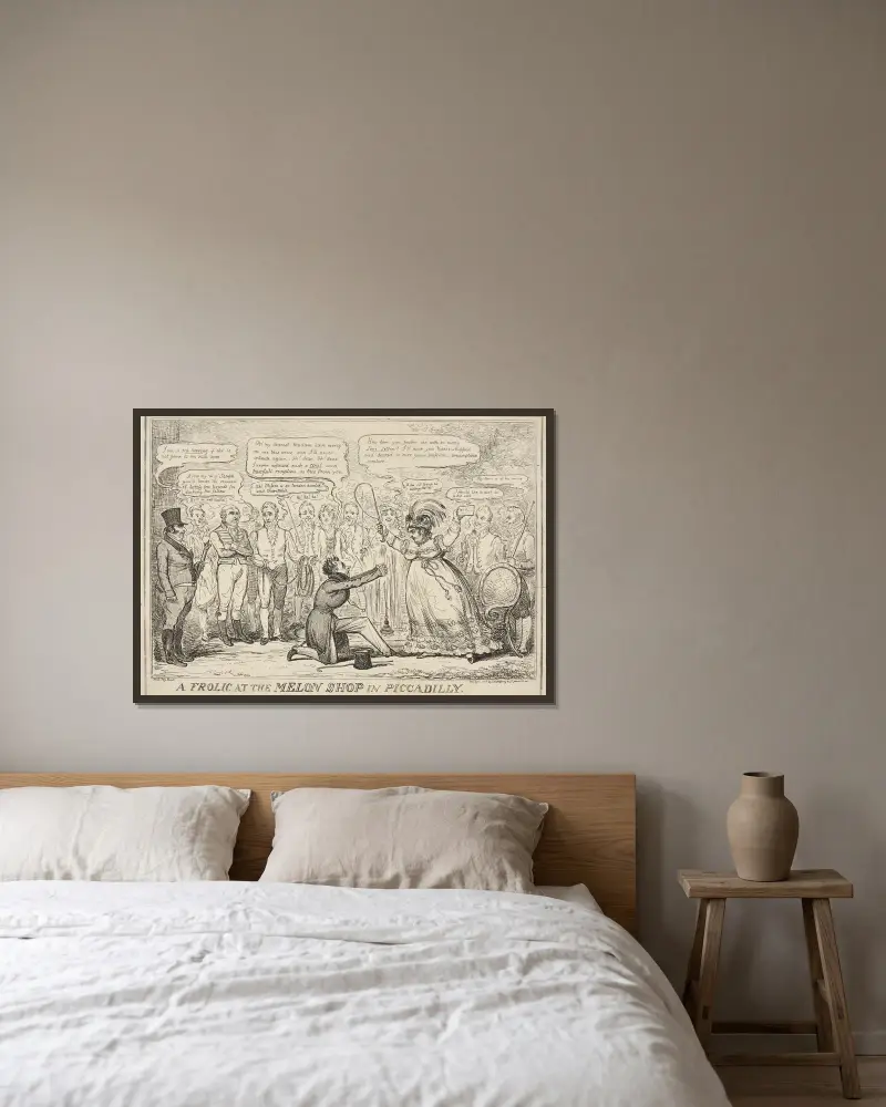 Ein Streich im Melonenladen in Piccadilly von William Heath gerahmt an einer Wand