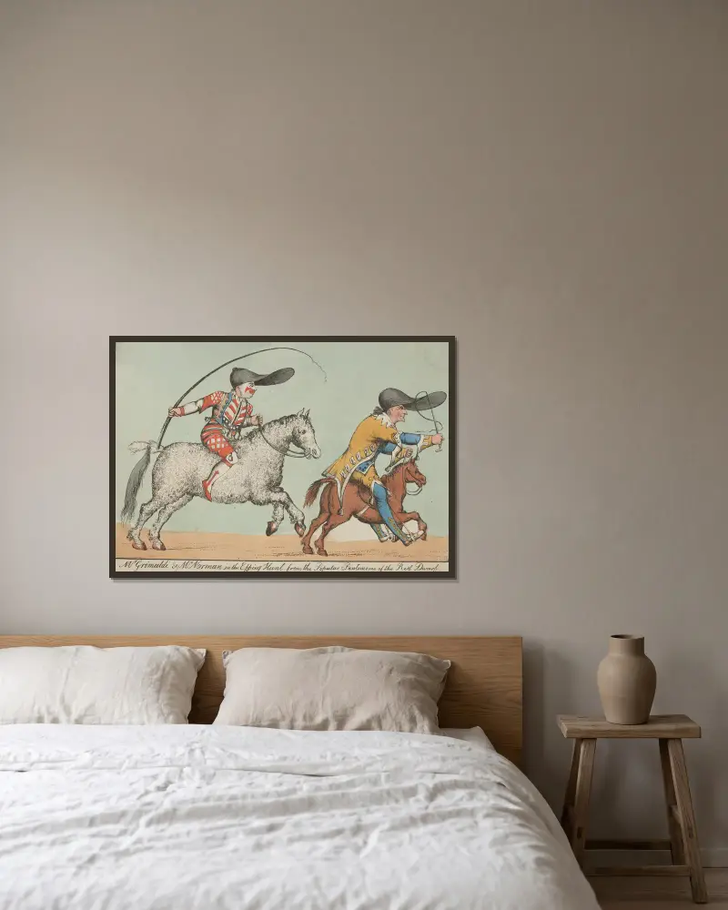 Mr. Grimaldi och Mr. Norman i Epping Hunt, från den populära pantomimen Röda dvärgen av William Heath inramad på en vägg