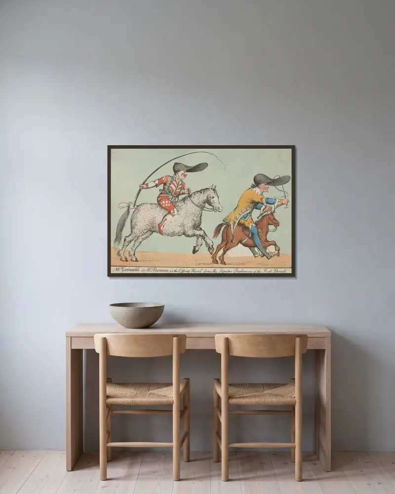 Mr. Grimaldi och Mr. Norman i Epping Hunt, från den populära pantomimen Röda dvärgen av William Heath inramad på en vägg