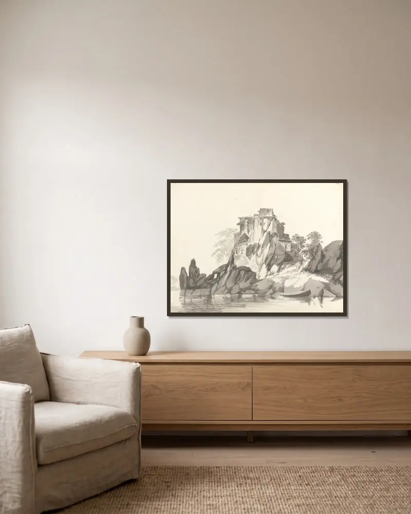 Originalzeichnungen für Choix de Vues de L'Inde und andere, Tafel 27 von William Hodges gerahmt an einer Wand