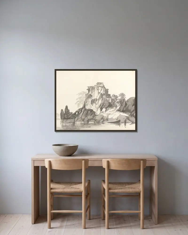Originalzeichnungen für Choix de Vues de L'Inde und andere, Tafel 27 von William Hodges gerahmt an einer Wand