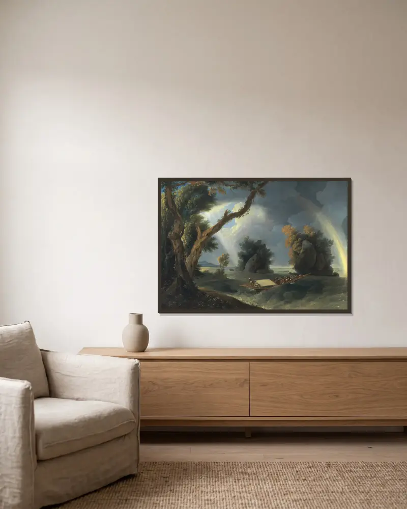Sturm auf dem Ganges, mit Mrs. Hastings bei den Col-gon-Felsen von William Hodges gerahmt an einer Wand