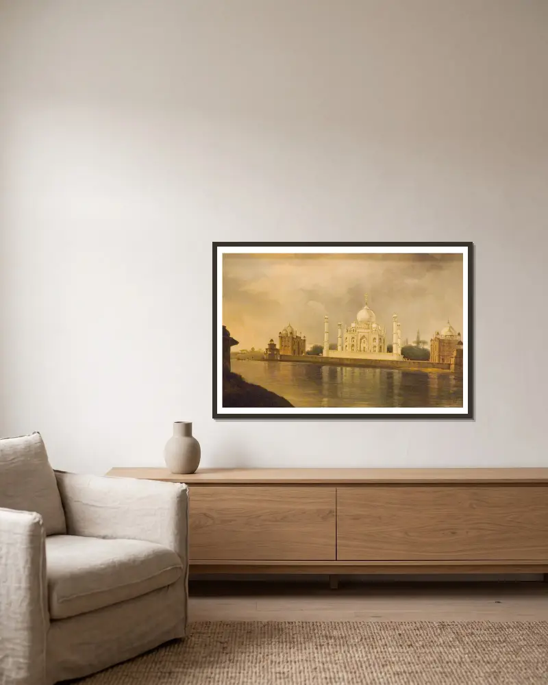 The Taj Mahal av William Hodges inramad på en vägg