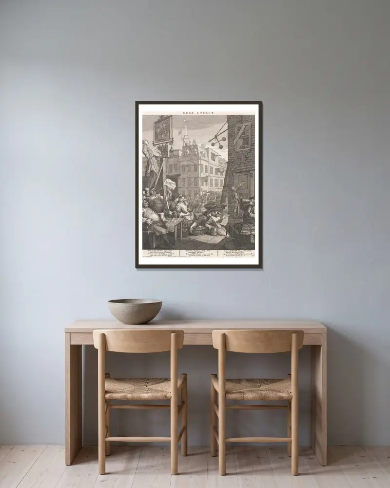 Beer Street av William Hogarth inramad på en vägg