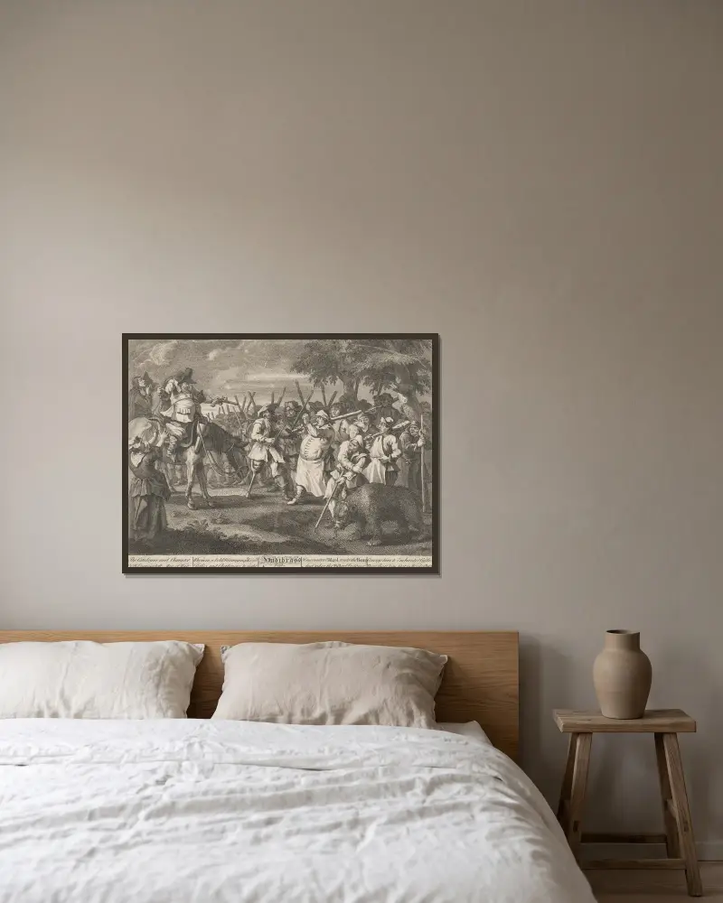 Hudibras’ erstes Abenteuer (Nr. 3) von William Hogarth gerahmt an einer Wand