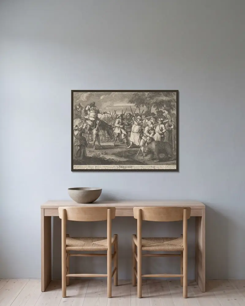 Hudibras’ erstes Abenteuer (Nr. 3) von William Hogarth gerahmt an einer Wand