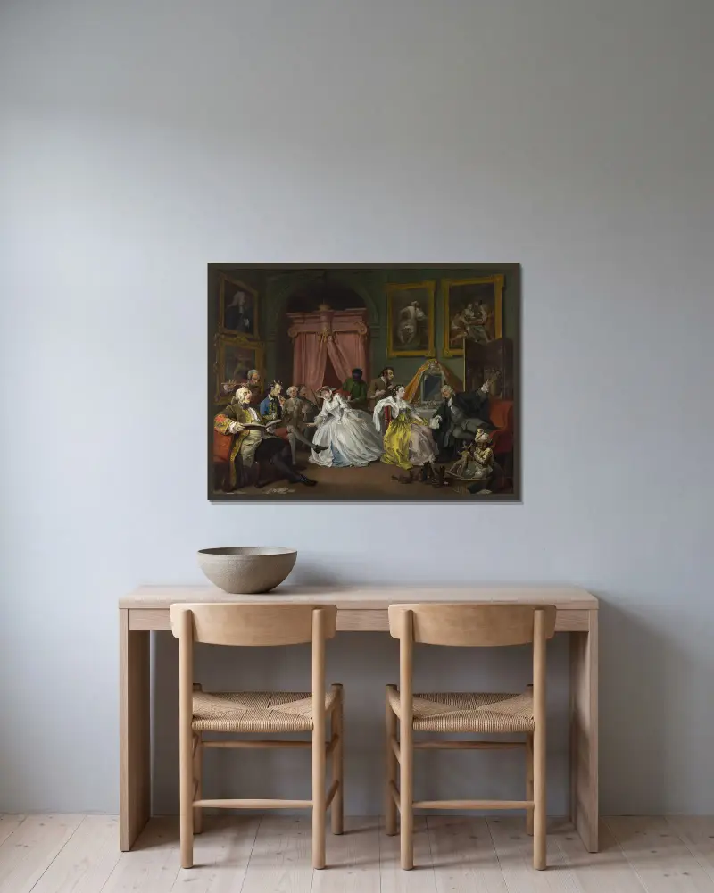 Marriage A-la-Mode – 4, Toaletten av William Hogarth inramad på en vägg