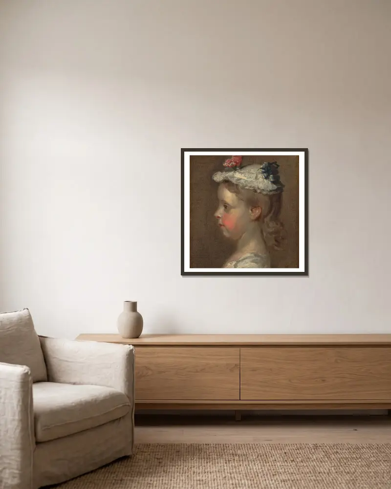 Studie av en flickas huvud av William Hogarth inramad på en vägg
