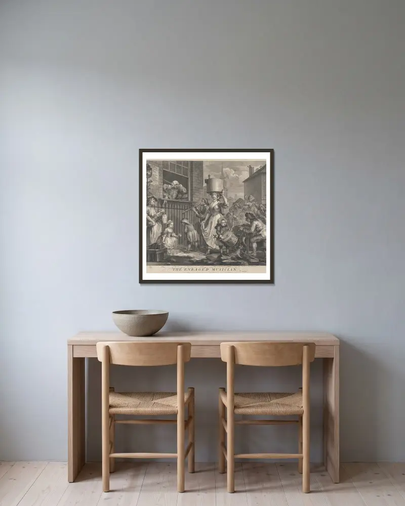 Der wütende Musiker von William Hogarth gerahmt an einer Wand