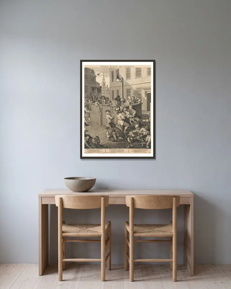 Första stadiet av grymhet; först, barn som plågar djur av William Hogarth inramad på en vägg