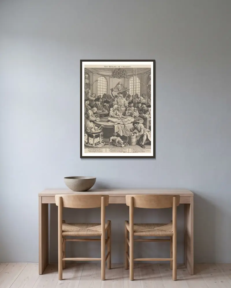 Grymhetens fyra stadier: Grymhetens belöning (Anatomiteatern) av William Hogarth inramad på en vägg