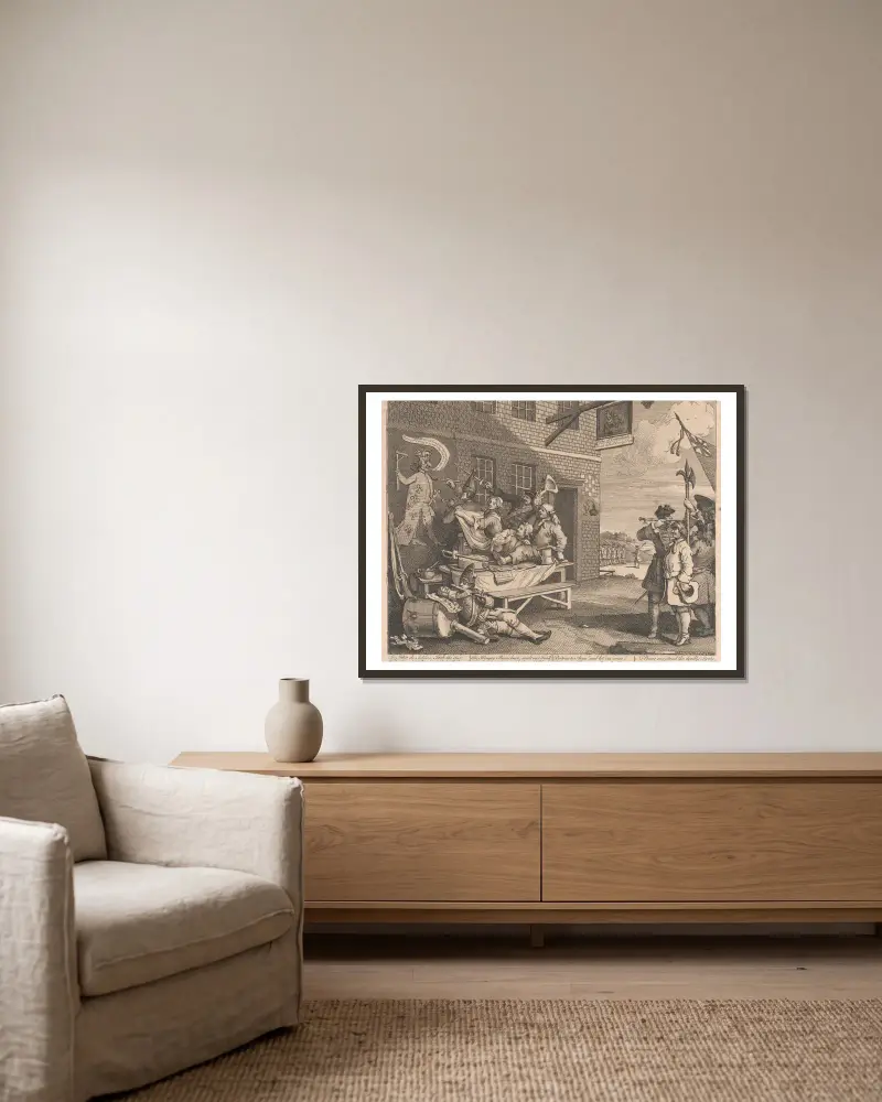 Invasionen, plansch II: England av William Hogarth inramad på en vägg