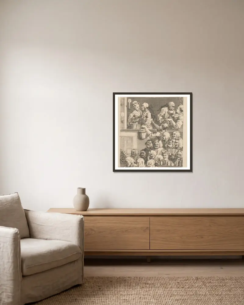 Das lachende Publikum von William Hogarth gerahmt an einer Wand