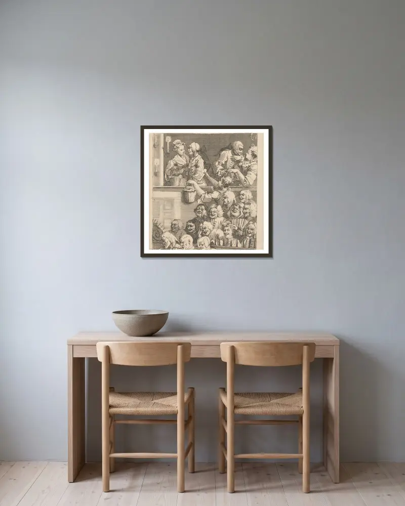 Das lachende Publikum von William Hogarth gerahmt an einer Wand