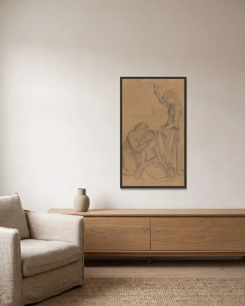Composition of Three Figures in a Garden von William Morris gerahmt an einer Wand