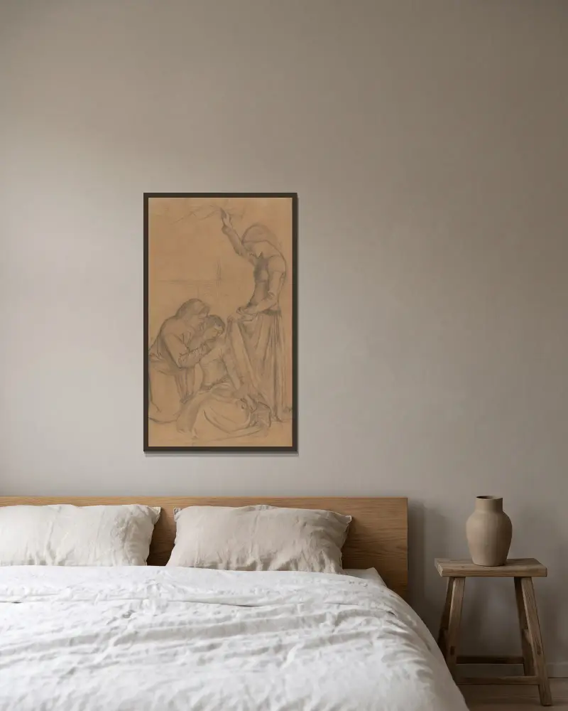 Composition of Three Figures in a Garden von William Morris gerahmt an einer Wand