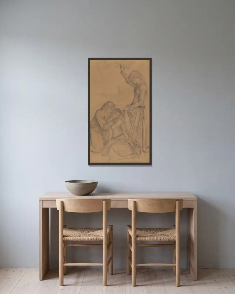 Composition of Three Figures in a Garden von William Morris gerahmt an einer Wand