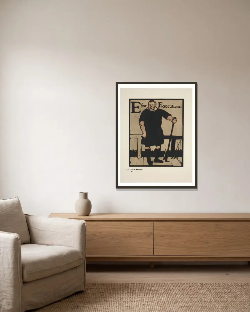E is for Executioner av William Nicholson inramad på en vägg