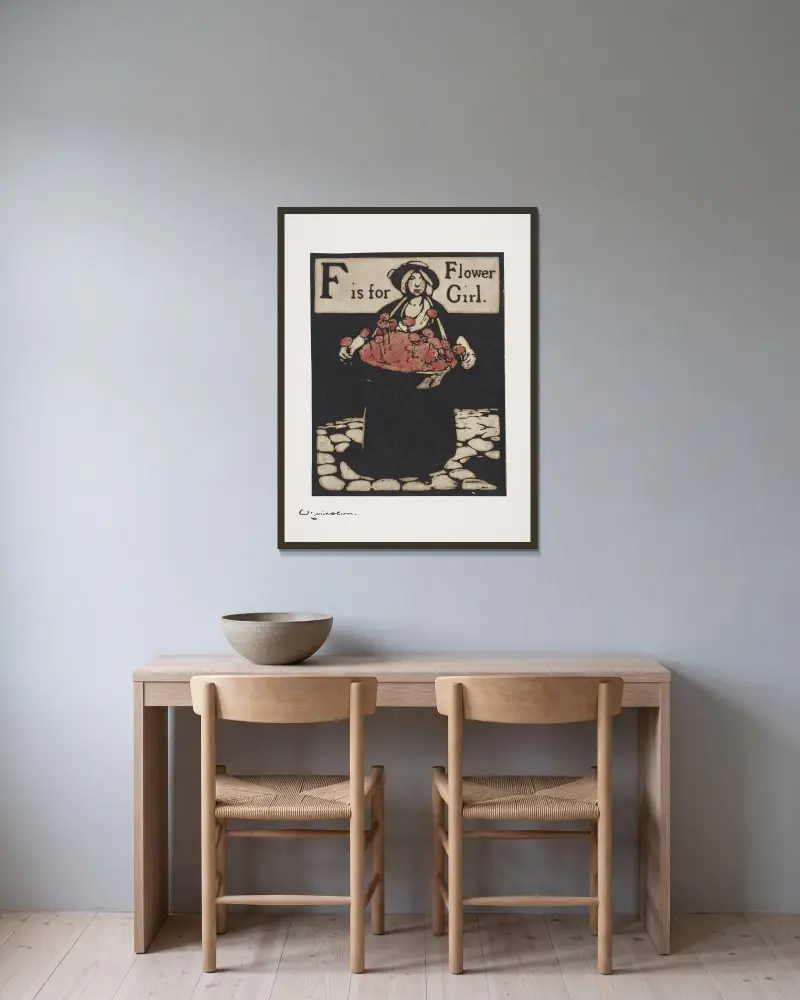 F wie Blumenmädchen von William Nicholson gerahmt an einer Wand