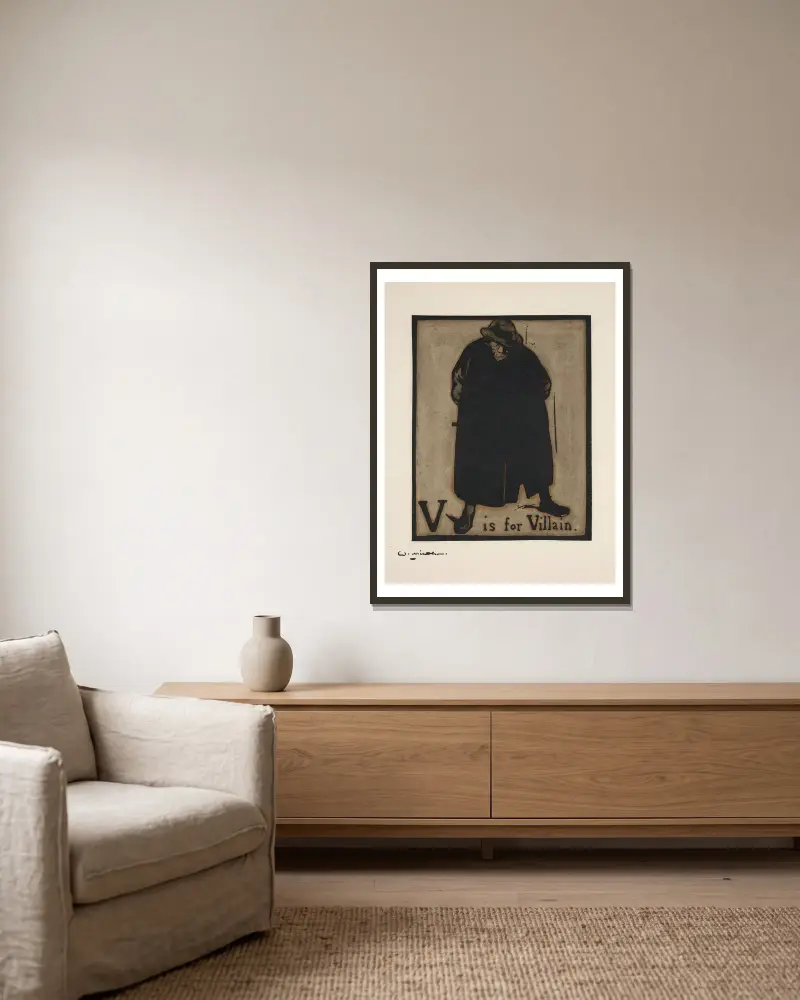V is for Villain av William Nicholson inramad på en vägg