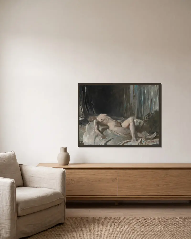 Studie av en kvinnlig nakenfigur av William Orpen inramad på en vägg