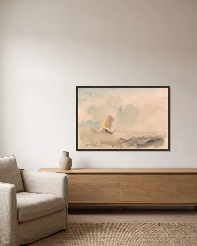 Ein Seestück, ein raues Meer mit einem Fischerboot von Joseph Mallord William Turner gerahmt an einer Wand