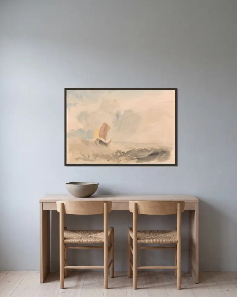 Ein Seestück, ein raues Meer mit einem Fischerboot von Joseph Mallord William Turner gerahmt an einer Wand