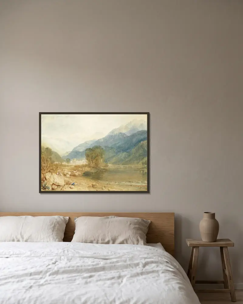 Utsikt från slottet Saint-Michel i Bonneville, Savojen, från floden Arves strand av Joseph Mallord William Turner inramad på en vägg