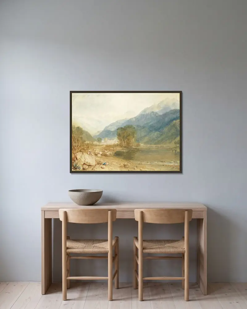 Utsikt från slottet Saint-Michel i Bonneville, Savojen, från floden Arves strand av Joseph Mallord William Turner inramad på en vägg
