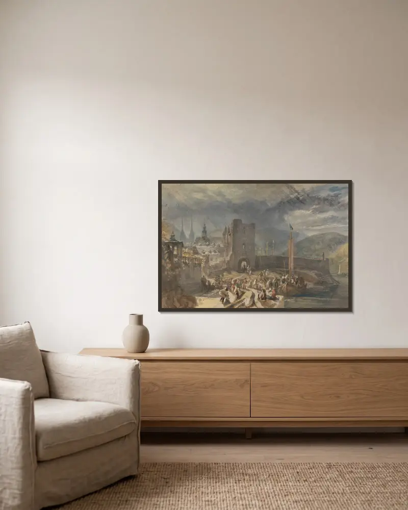 Utsikt över Boppard med figurer vid flodstranden av Joseph Mallord William Turner inramad på en vägg