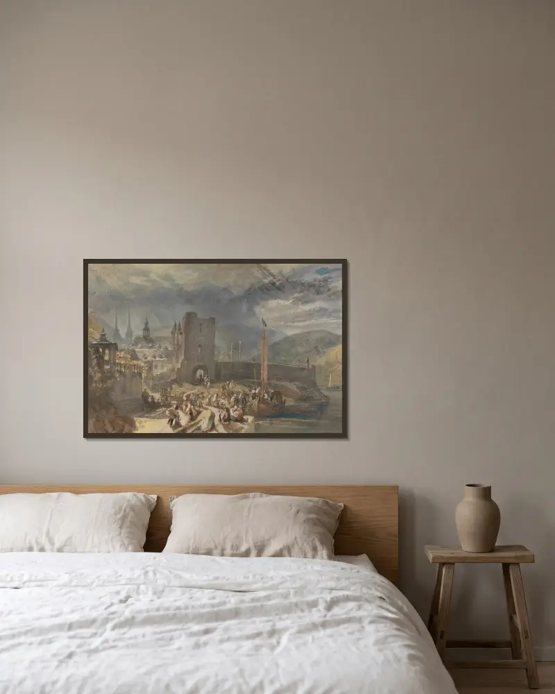 Utsikt över Boppard med figurer vid flodstranden av Joseph Mallord William Turner inramad på en vägg