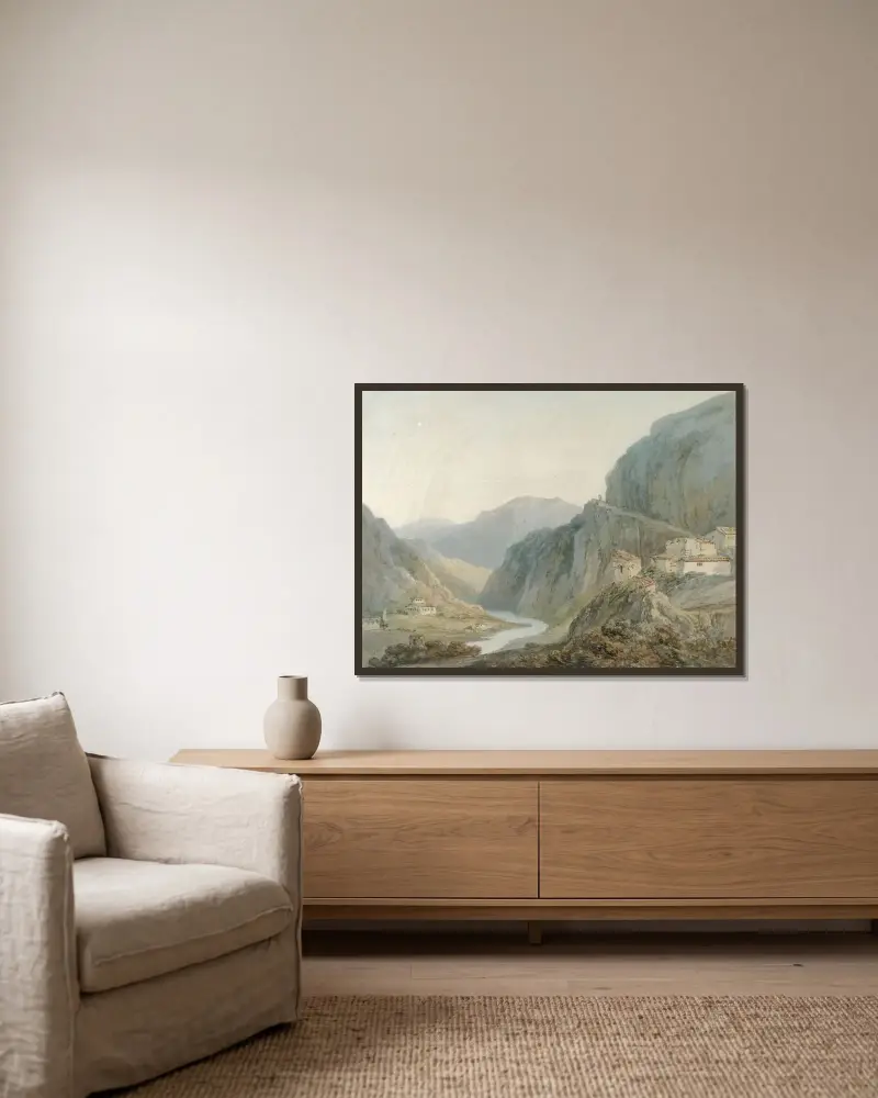 Uppstigning till Ternis kaskad av Joseph Mallord William Turner inramad på en vägg