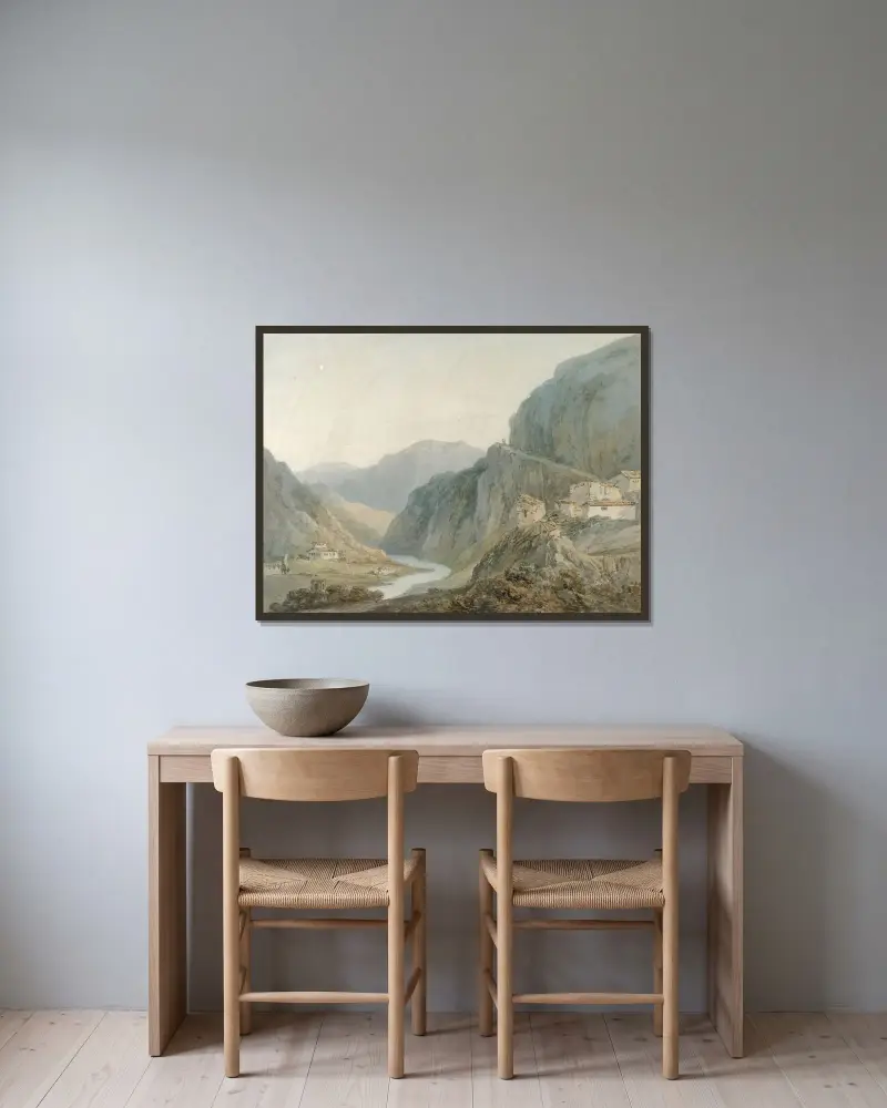 Uppstigning till Ternis kaskad av Joseph Mallord William Turner inramad på en vägg