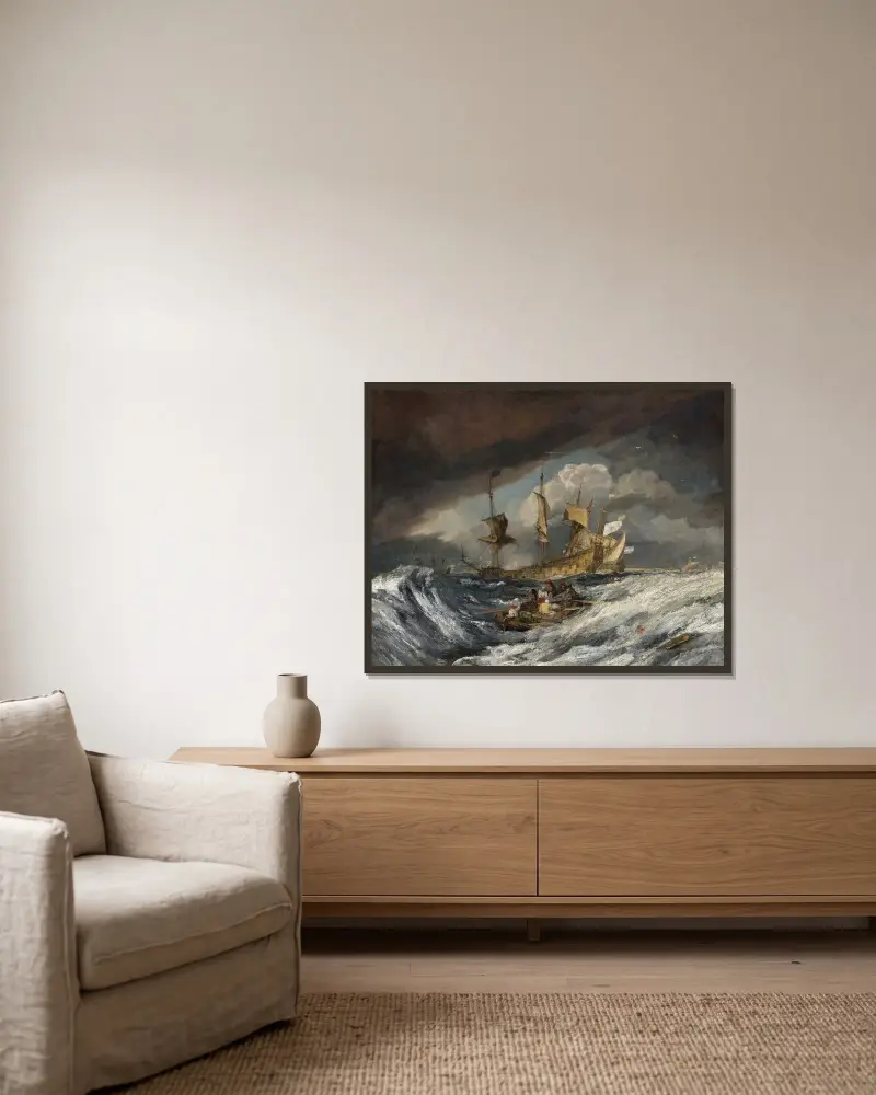 Boote beim Ausbringen von Ankern zu den niederländischen Kriegsschiffen von Joseph Mallord William Turner gerahmt an einer Wand