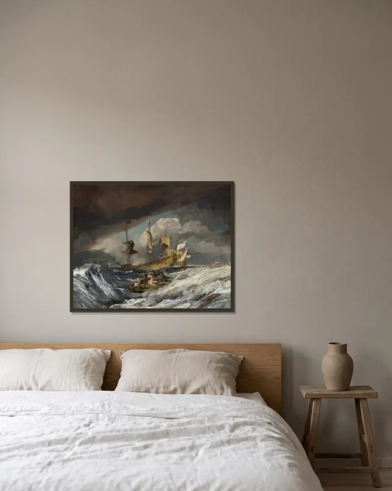 Boote beim Ausbringen von Ankern zu den niederländischen Kriegsschiffen von Joseph Mallord William Turner gerahmt an einer Wand
