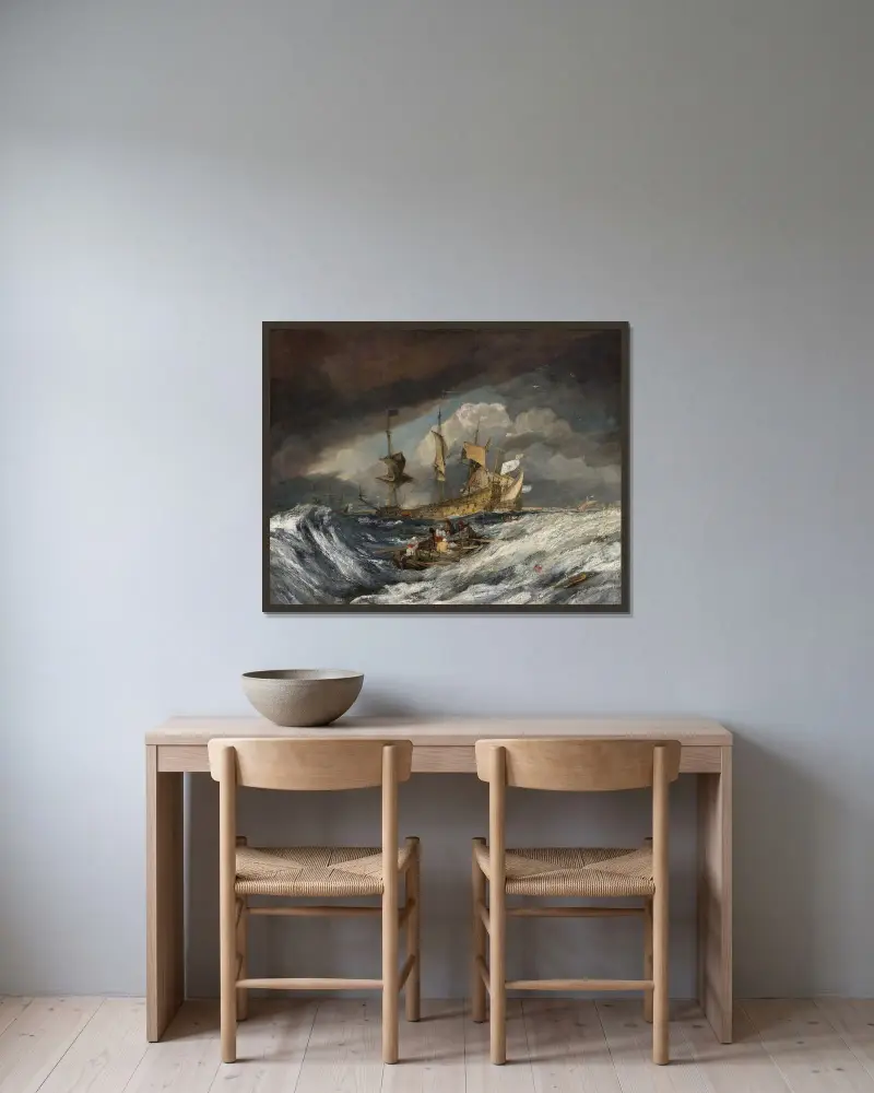 Boote beim Ausbringen von Ankern zu den niederländischen Kriegsschiffen von Joseph Mallord William Turner gerahmt an einer Wand