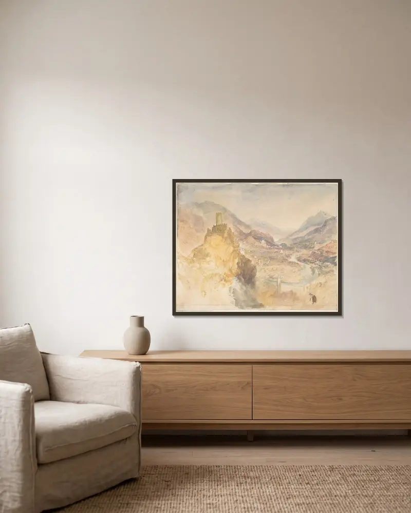 Chatel Argent och Aostadalen sedd ovanifrån Villeneuve av Joseph Mallord William Turner inramad på en vägg