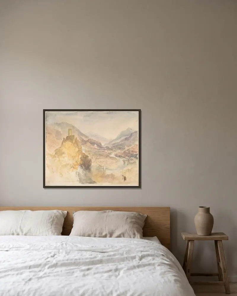 Chatel Argent och Aostadalen sedd ovanifrån Villeneuve av Joseph Mallord William Turner inramad på en vägg