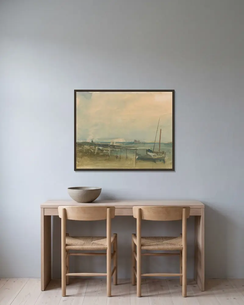 Kustscen med vita klippor och båtar på stranden av Joseph Mallord William Turner inramad på en vägg