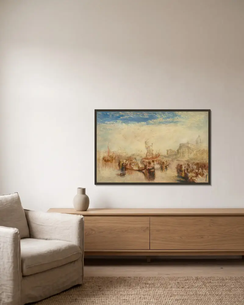 Die Übergabe von Giovanni Bellinis drei Gemälden in der Chiesa del Redentore, Venedig von Joseph Mallord William Turner gerahmt an einer Wand