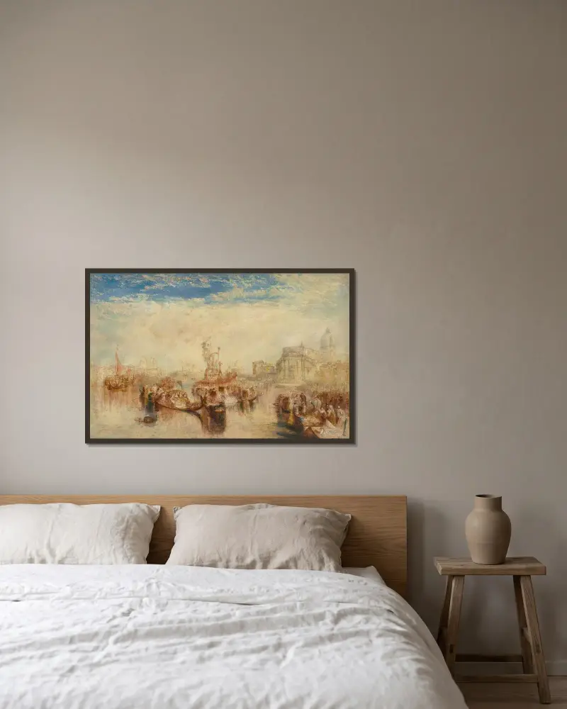 Die Übergabe von Giovanni Bellinis drei Gemälden in der Chiesa del Redentore, Venedig von Joseph Mallord William Turner gerahmt an einer Wand