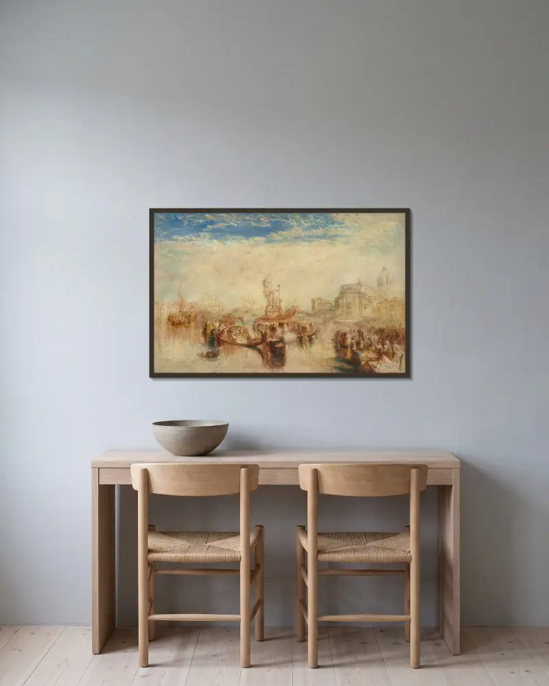 Die Übergabe von Giovanni Bellinis drei Gemälden in der Chiesa del Redentore, Venedig von Joseph Mallord William Turner gerahmt an einer Wand